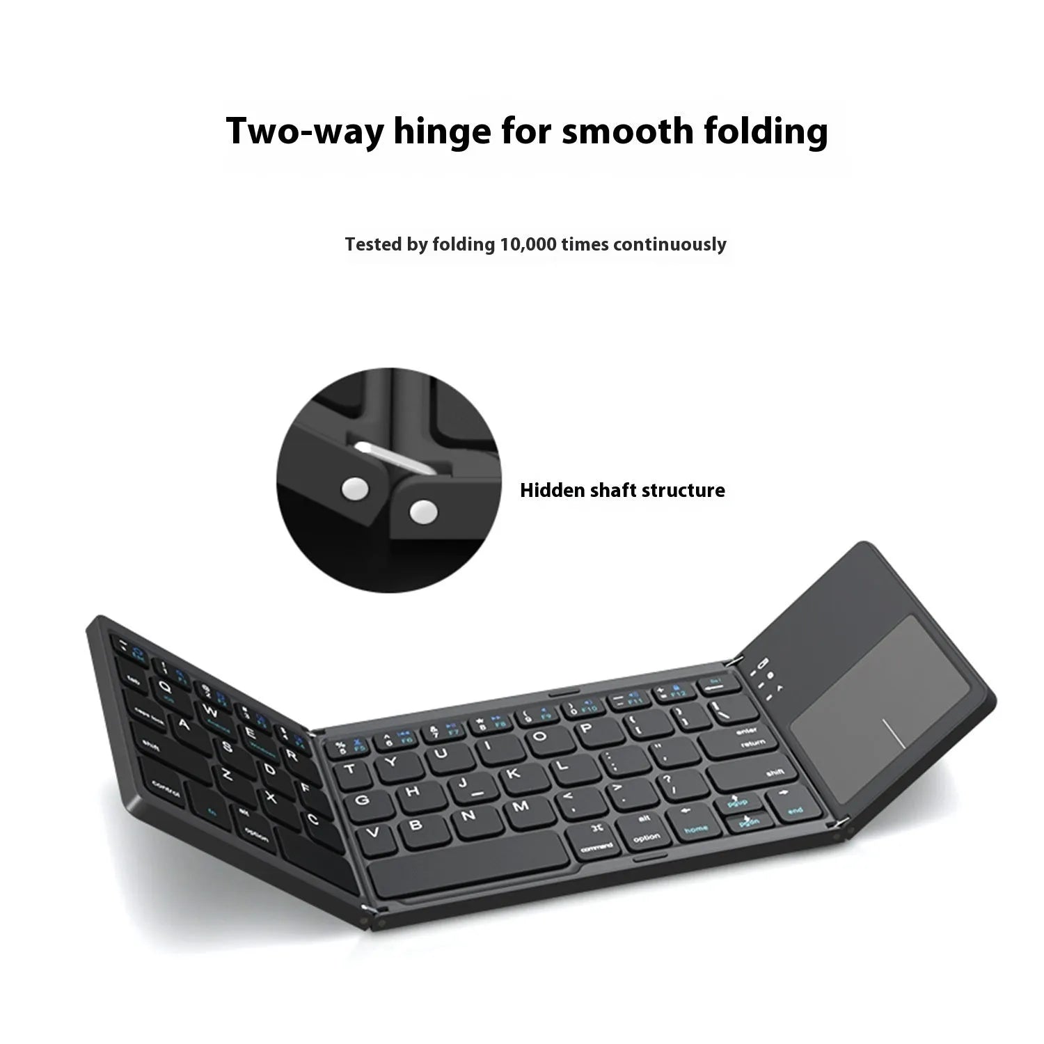 Black tri-fold Bluetooth keyboard shown open next to a tablet and folded in hand.