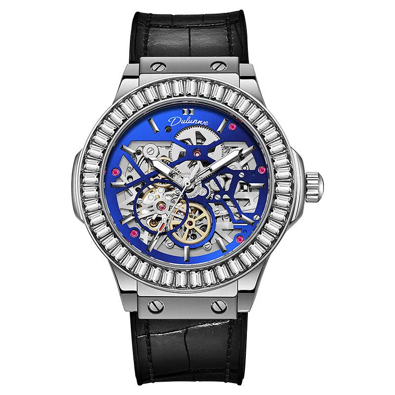 Men's automatic mechanical watch with diamond-studded hollow movement and white shell case