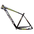 Black green 29-inch aluminium mountain bike frame with internal cable routing ports and disc brake mount.