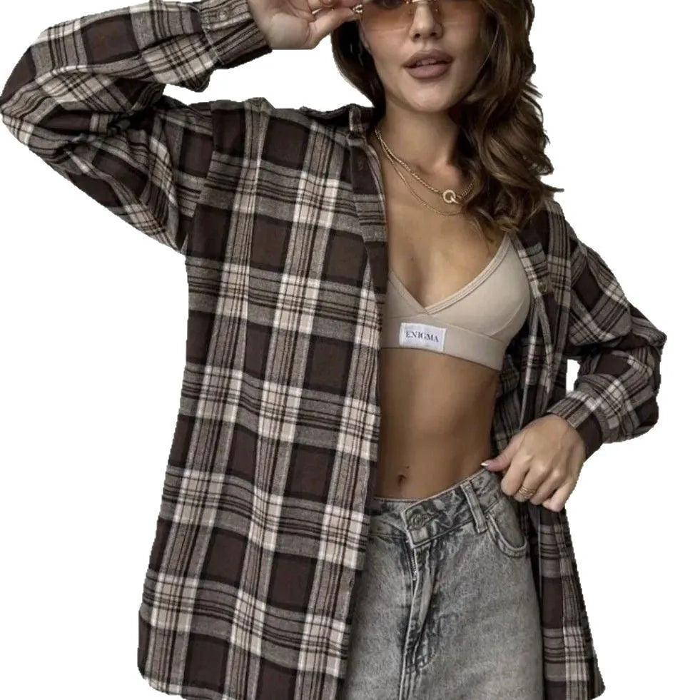 Dark brown retro striped women's long sleeve shirt made from cotton, shown with and without a chest pocket.