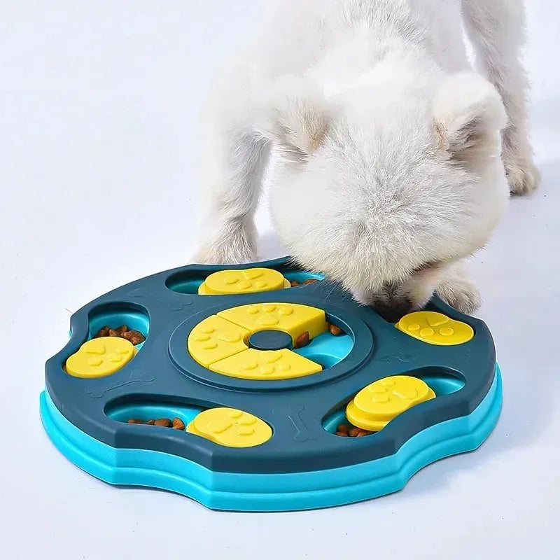 Blue durable dog puzzle feeder toy for aggressive chewers, shown as a 2-in-1 interactive food box and game.