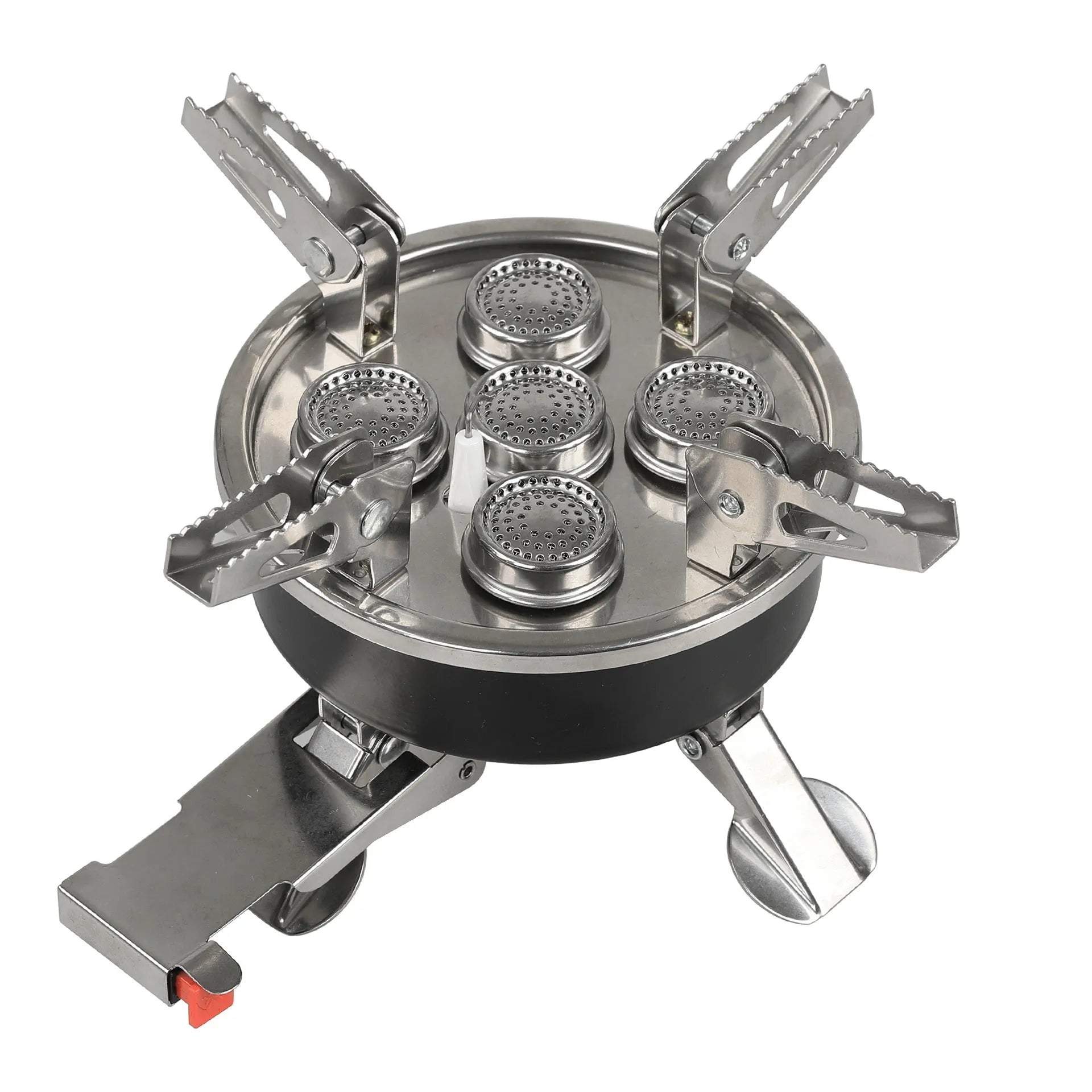 Silver portable split camping stove made of stainless steel and copper, shown in folded position.