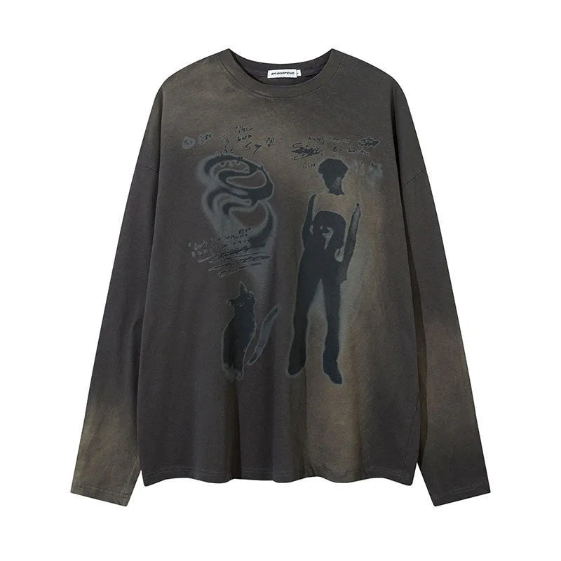 Loose grey cotton pullover with drop shoulders and white letter print on the front.