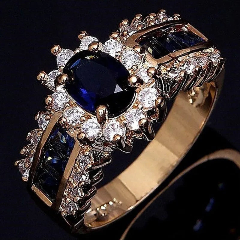 Zinc alloy fashion ring with diamond treatment in sunflower blue, square blue zircon, and square purple zircon style options.