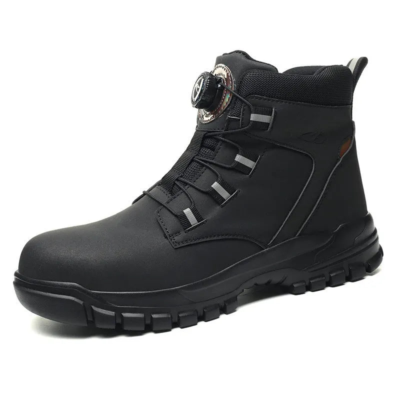 Leather upper and rubber sole lightweight safety shoes in black, yellow, and grey colour options.