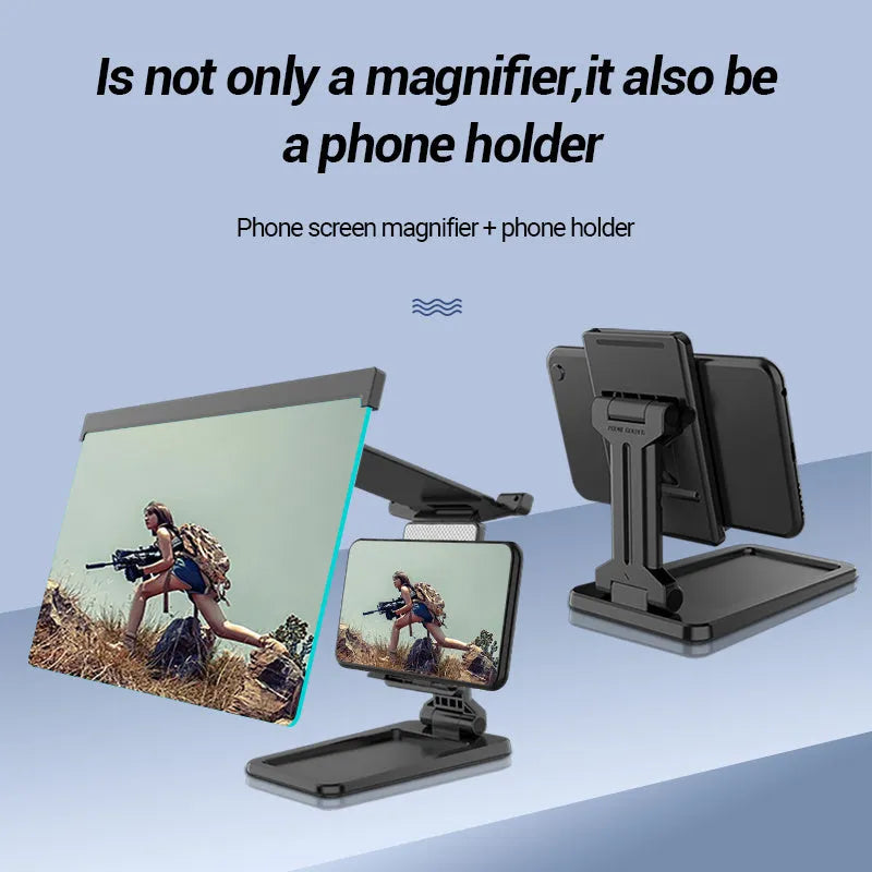Black folding mobile phone screen amplifier with detachable holder showing 12-inch curved magnifier