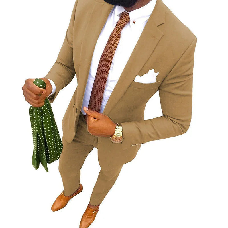 Men's two-piece cotton suit in a multicolour selection showing jacket and trousers for formal events