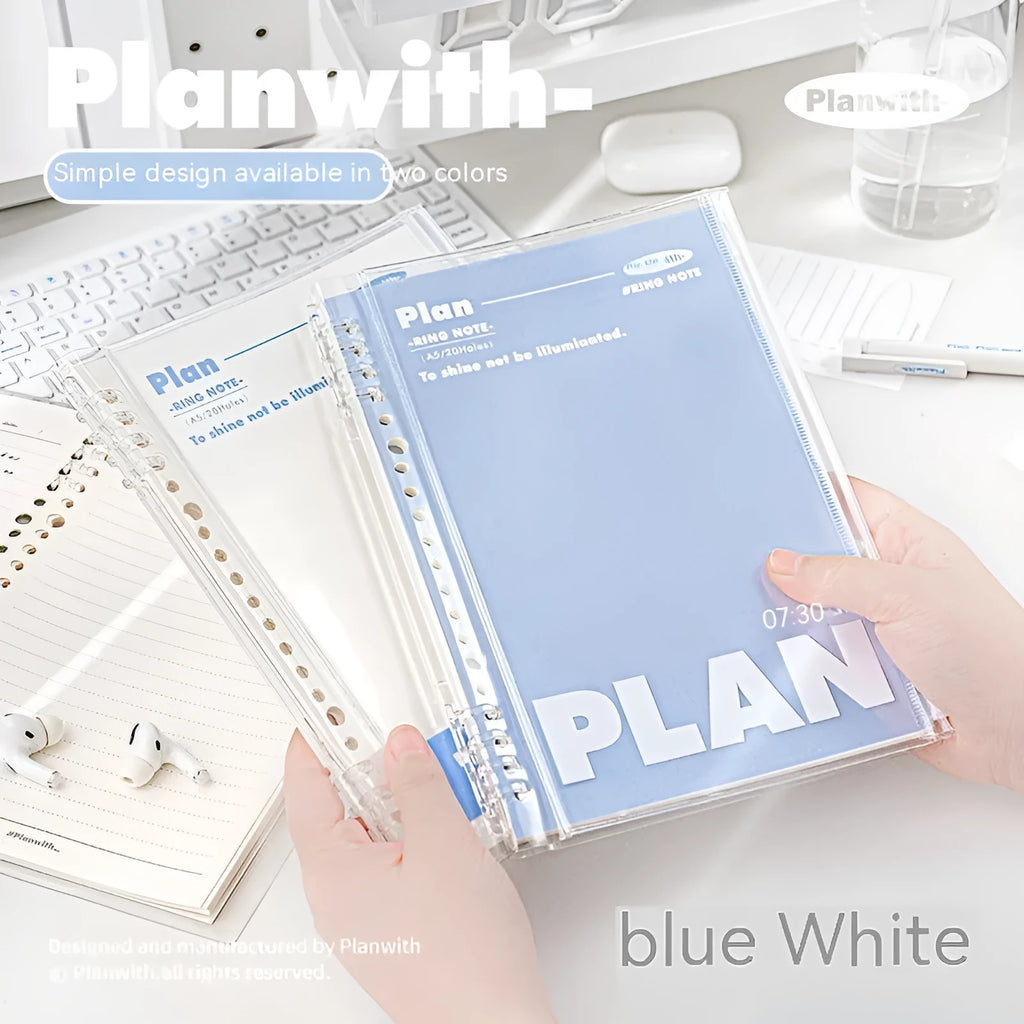 A5 size PVC spiral notebook in blue or white with a loose wire binding.
