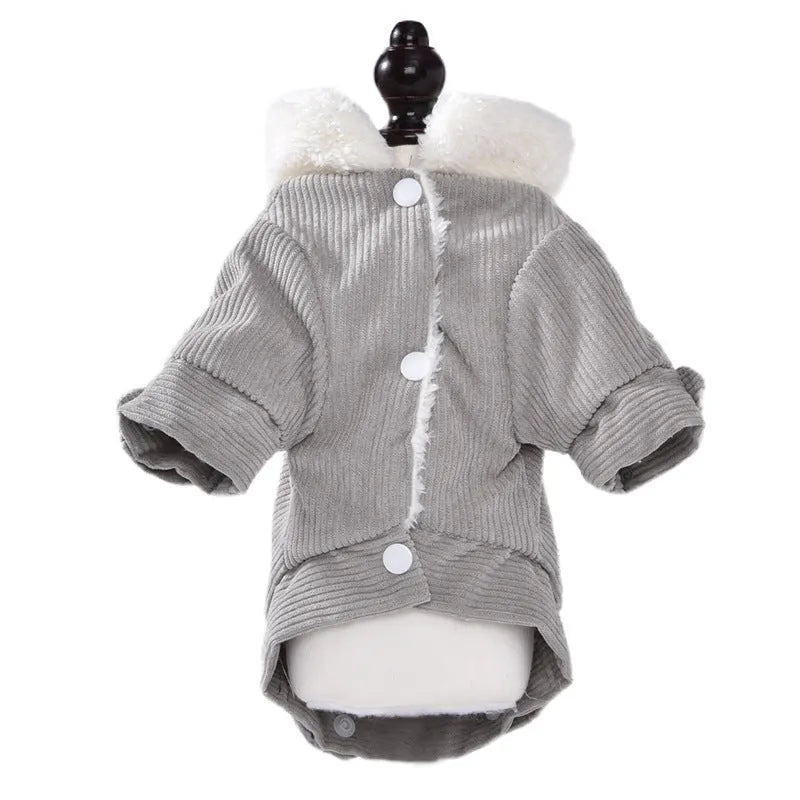 Grey lambswool fleece-lined dog vest for winter warmth, shown with size label.
