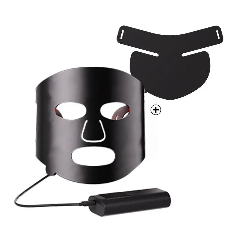 Black and white LED phototherapy face mask with controller, showing seven coloured light modes for skin treatment.