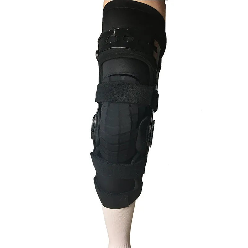 Black anterior ligament knee pad supporter showing multi-material construction and buckle fastenings.