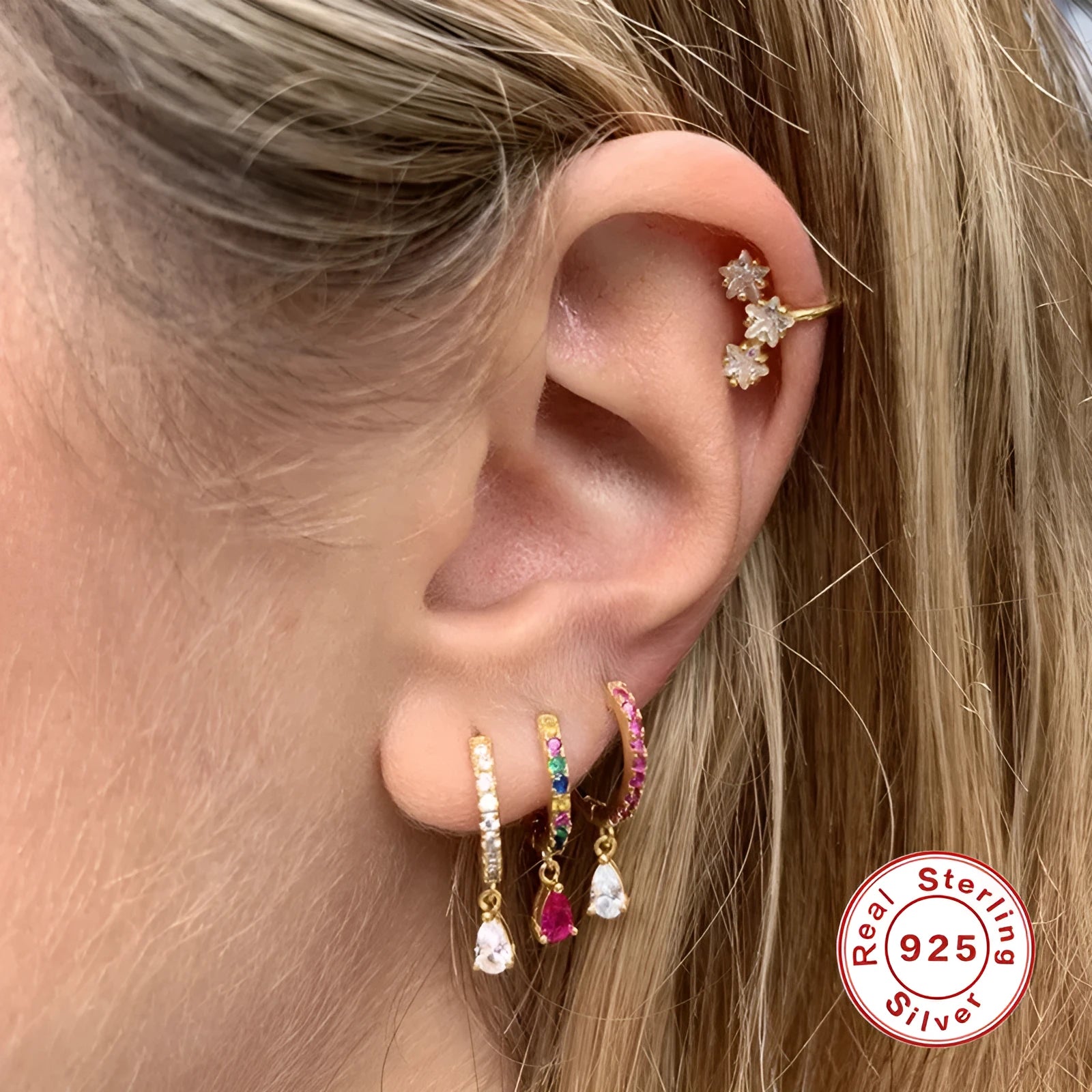 S925 sterling silver geometric water drop earrings with diamond accents in gold or white gold plating