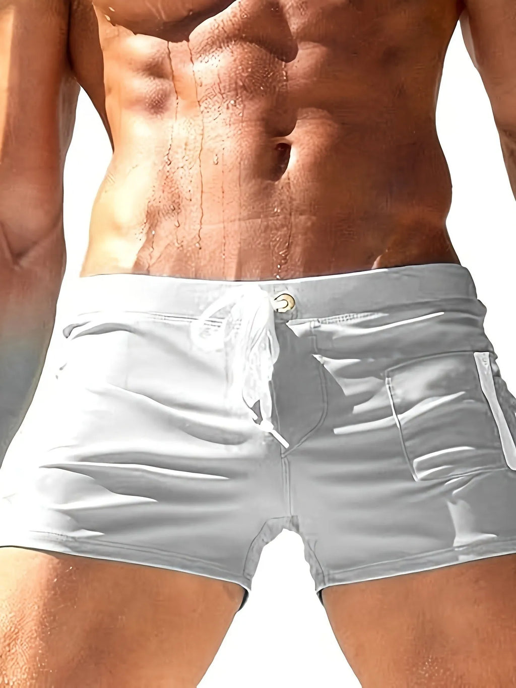 Men's high waist lace-up swimming trunks in a solid colour, shown in a briefs style.
