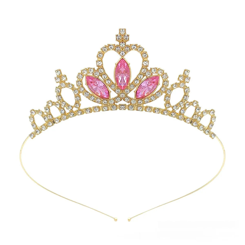 Gold tone alloy princess crown headdress with red coloured diamond accents for girls.