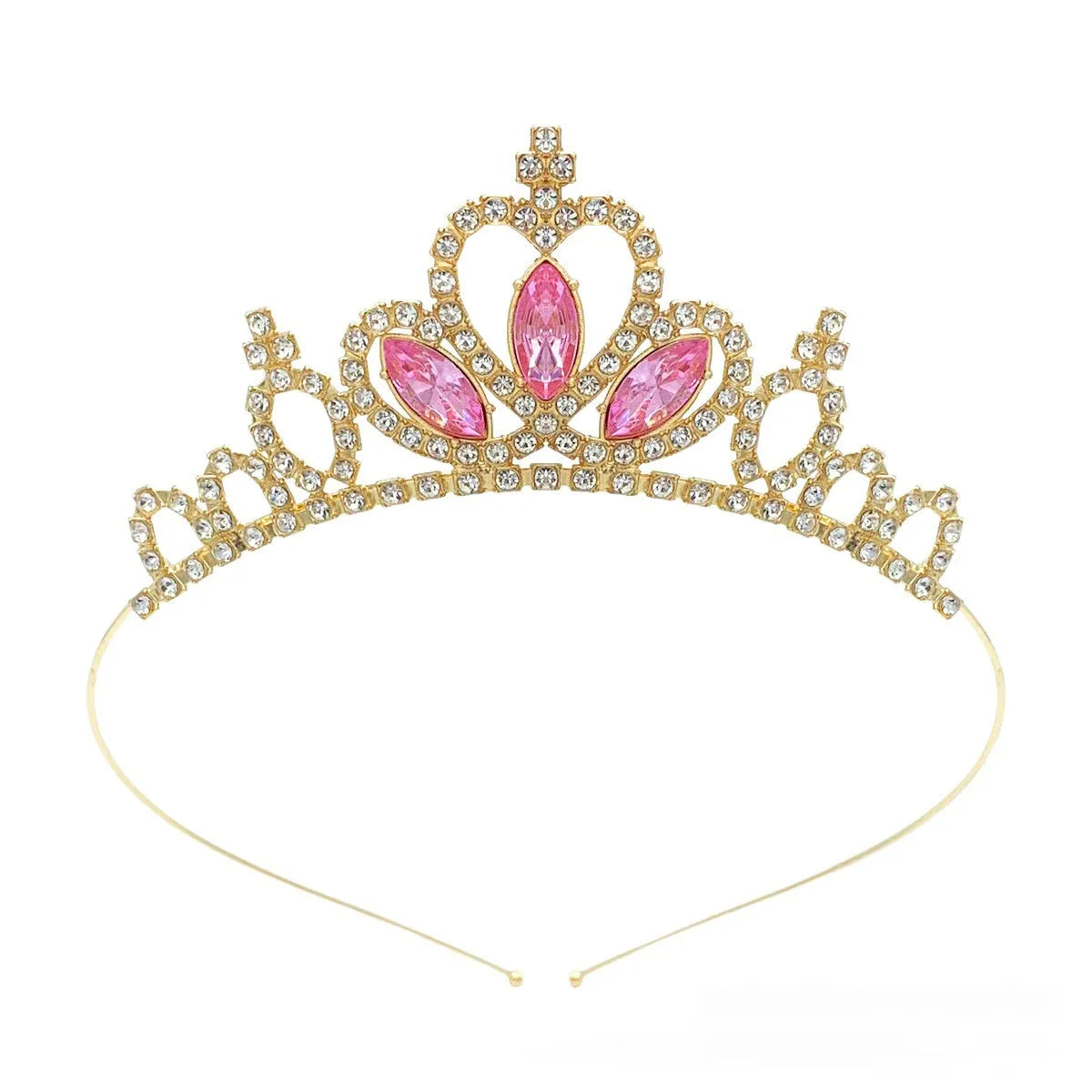 Gold tone alloy princess crown headdress with red coloured diamond accents for girls.