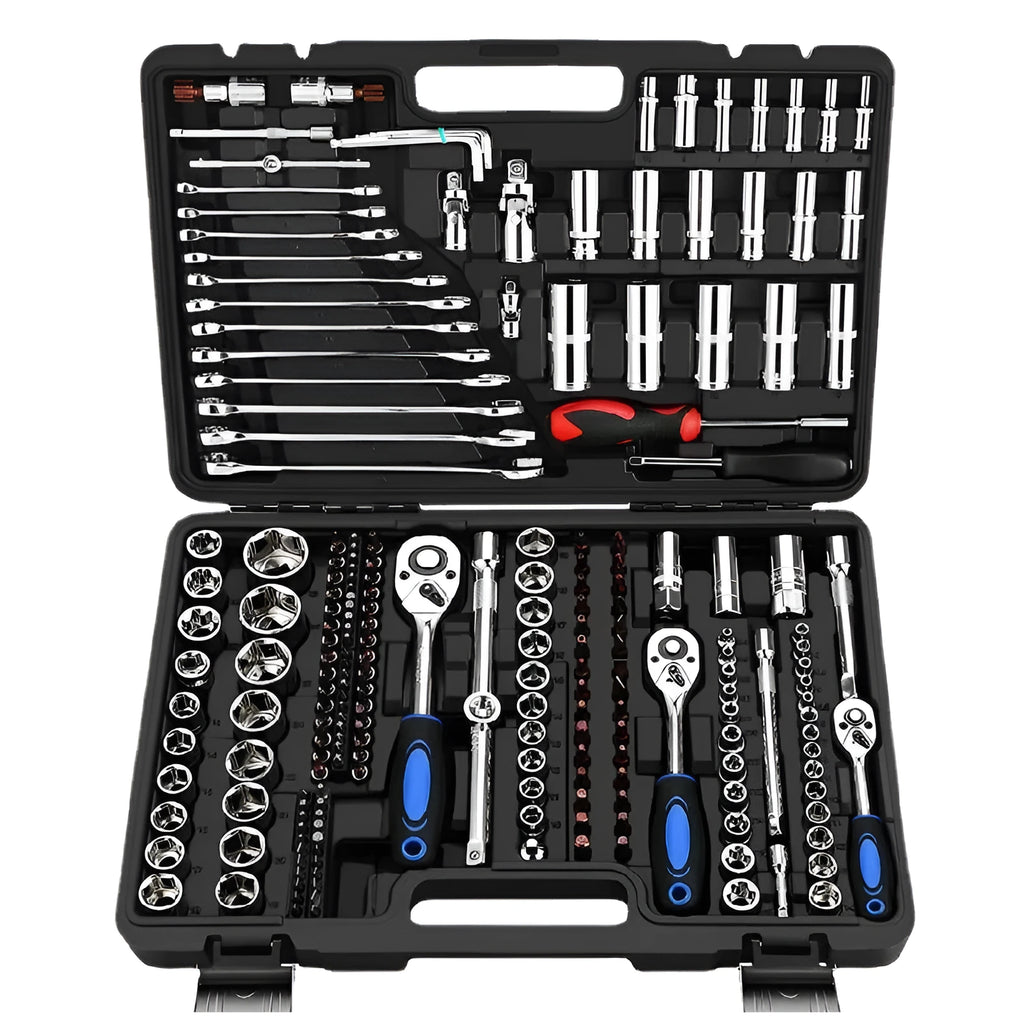 Chromium vanadium steel socket ratchet wrench set with multiple kit size options