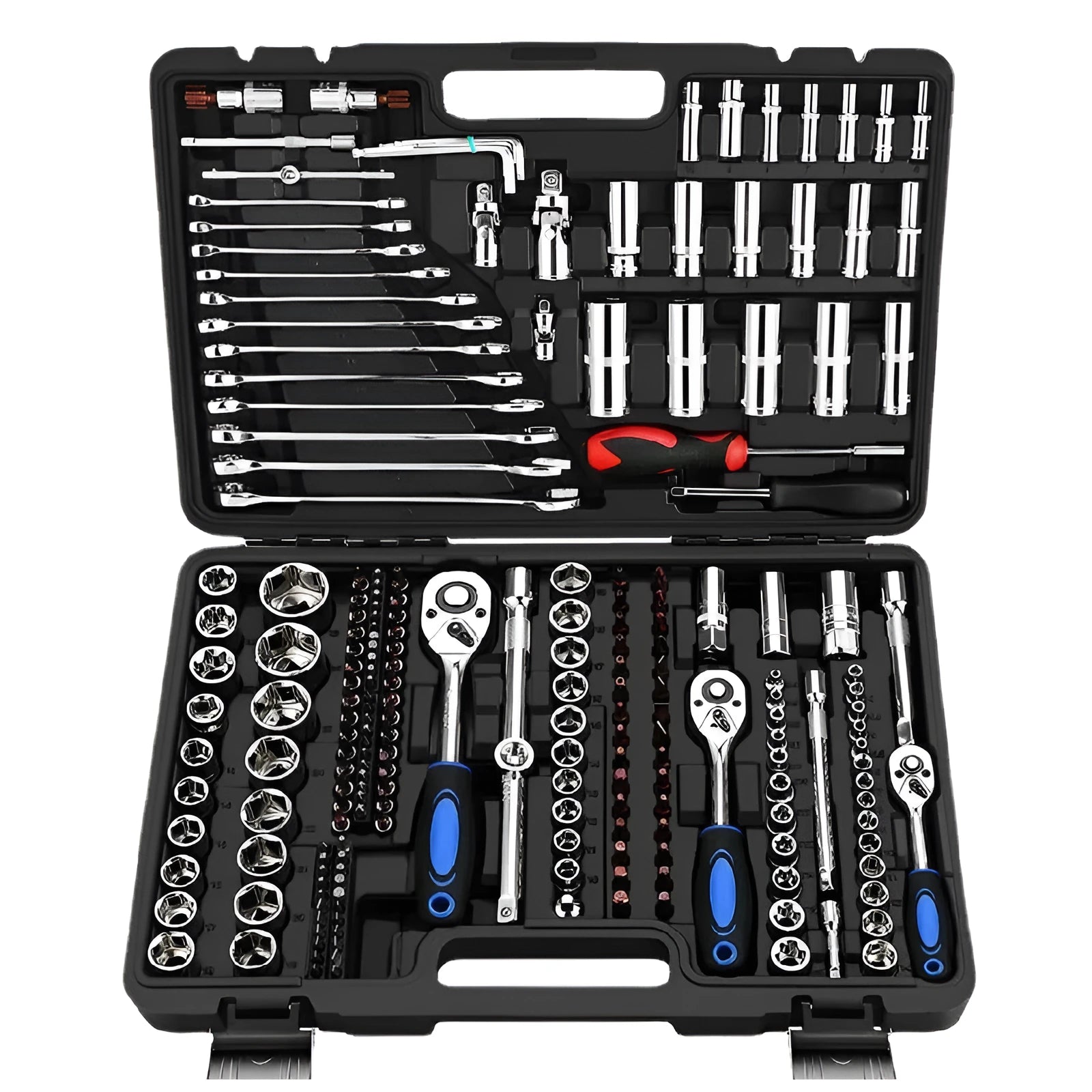 Chromium vanadium steel socket ratchet wrench set with multiple kit size options