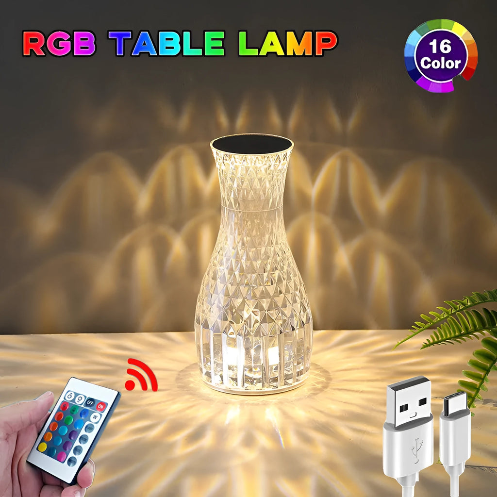 Vase shape crystal table lamp with diamond-like light effect on bedside table, touch dimmable USB rechargeable LED