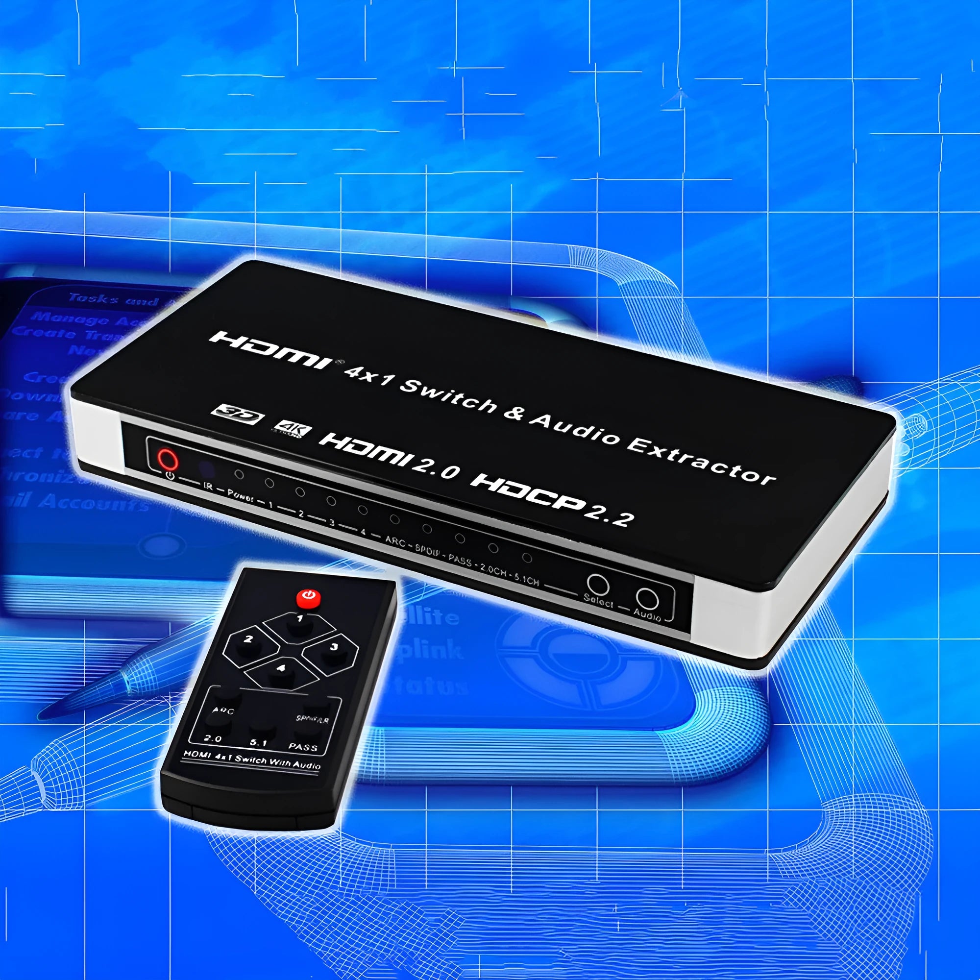 Black HDMI audio switch with four input ports, one output port, remote control, and international power adapters