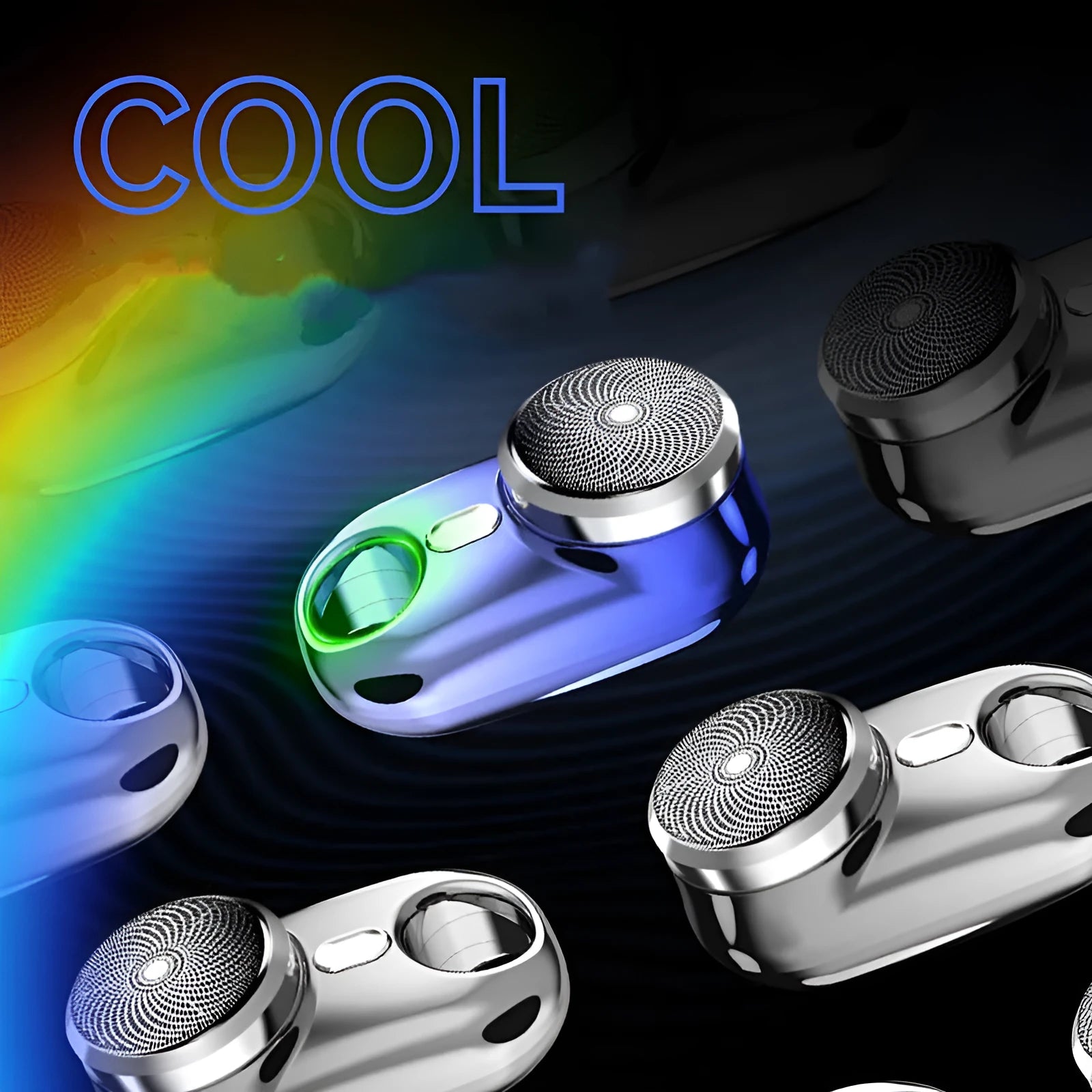 Silver travel waterproof mini electric shaver with rotary head and LED display on white background