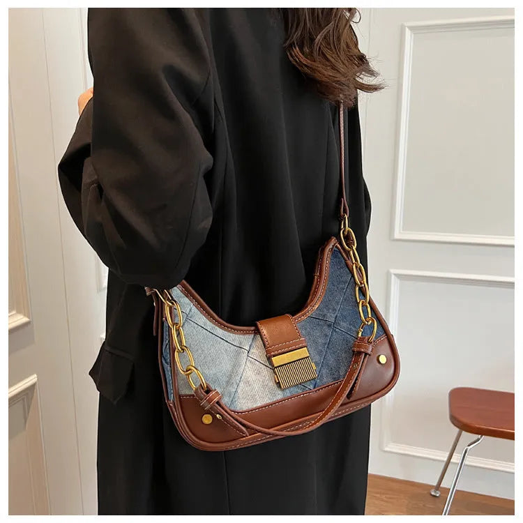 Brown denim women's shoulder bag with diamond mesh detail and chain strap