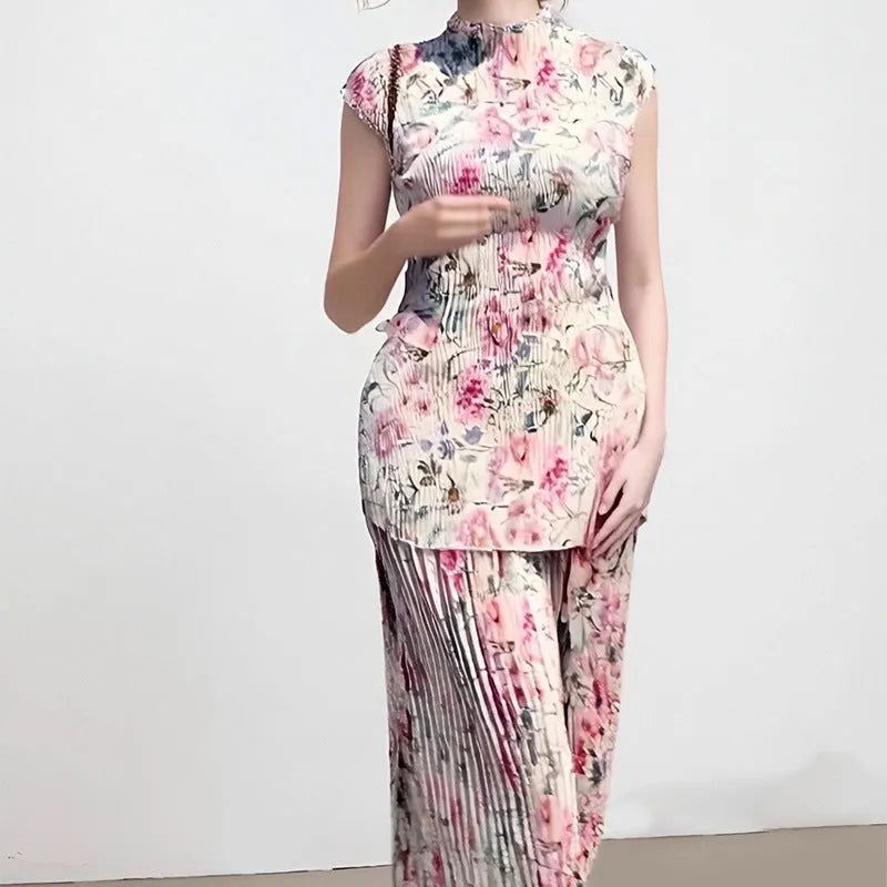 Women's long sleeve printed chiffon dress set with high waist skirt and matching top.
