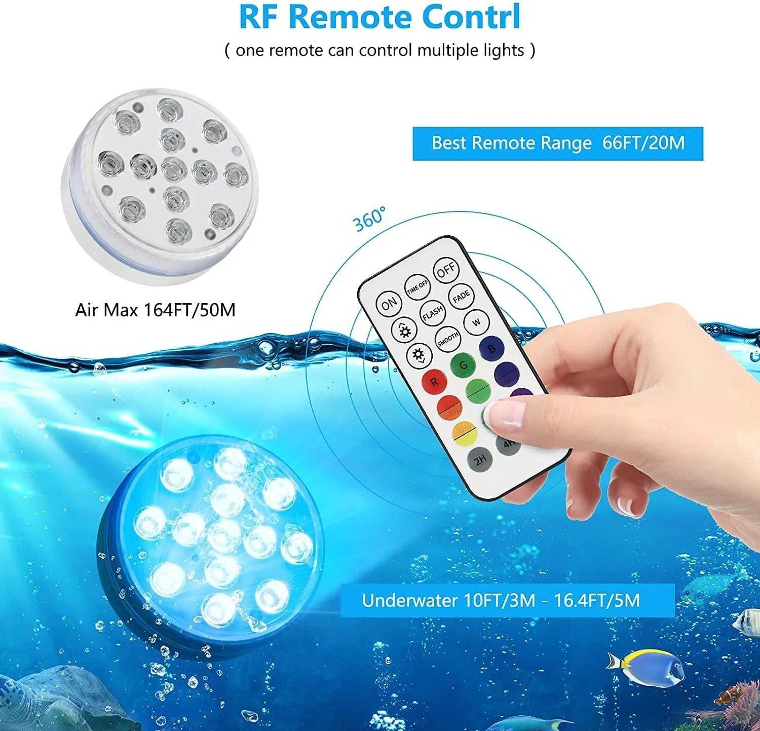 Colour changing remote control diving light with 7cm diameter and IP68 waterproof rating