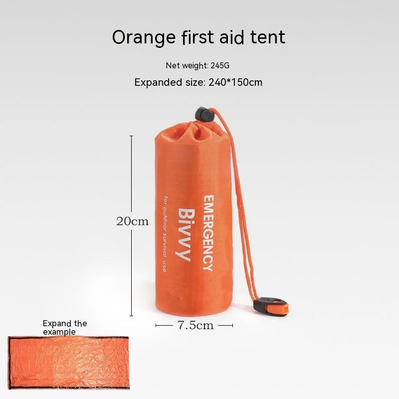 Disaster relief emergency tent with matching raincoat and sleeping bag in orange or green colours