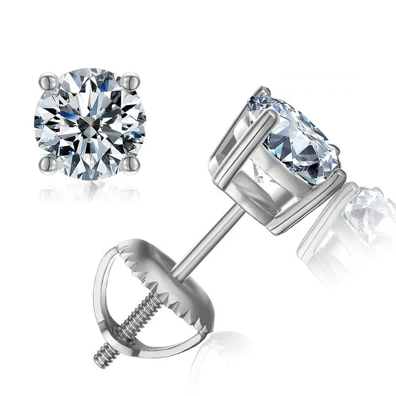 Silver screw fastening moissanite stud earrings with geometric 7mm design and four claw setting
