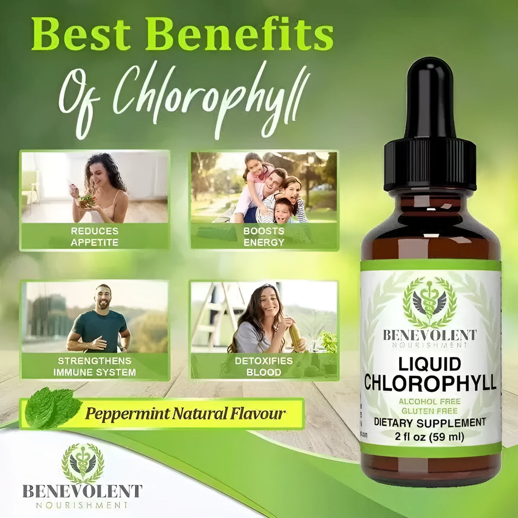 60ml bottle of peppermint-flavoured liquid chlorophyll drops with dropper for internal deodorant and digestive care