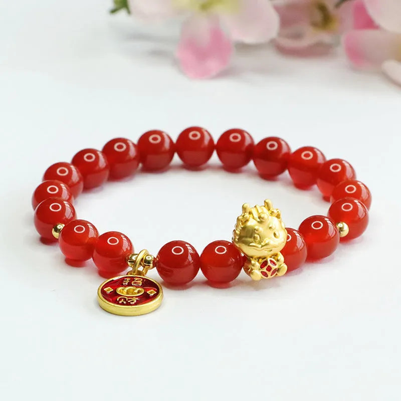 Red agate zodiac dragon bracelet with 8mm natural stone beads on white background