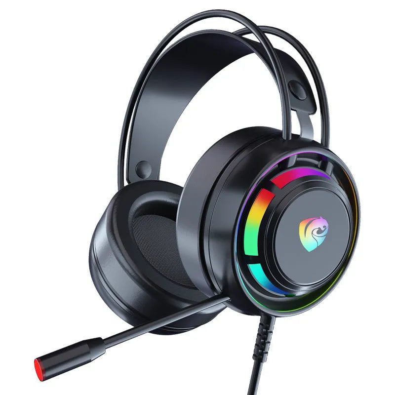 Black wired over-ear gaming headset with microphone and long cable, shown with 3.5mm and USB plug options.