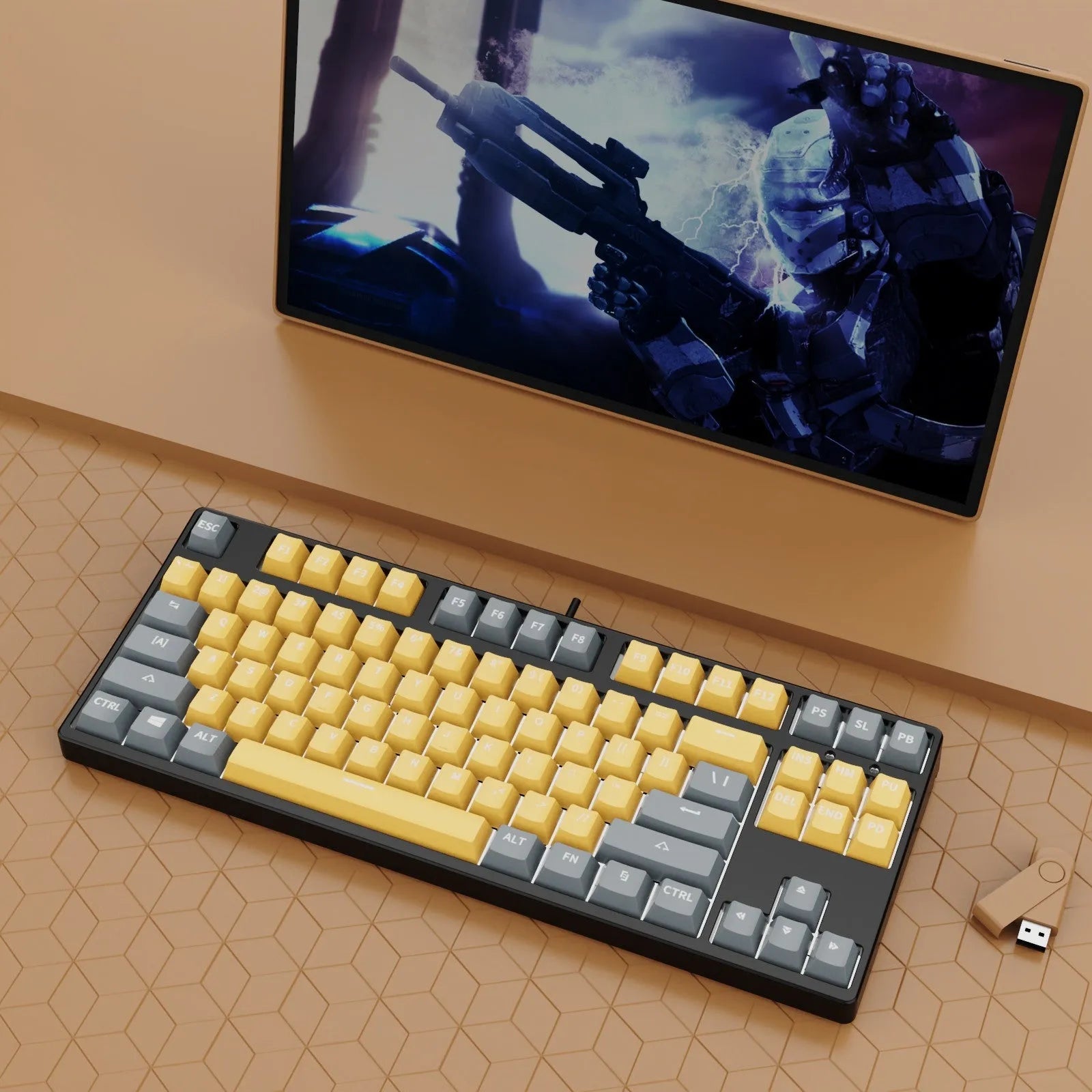 87-key wired mechanical gaming keyboard with colourful keycaps on a metal frame, shown with key puller and cable.