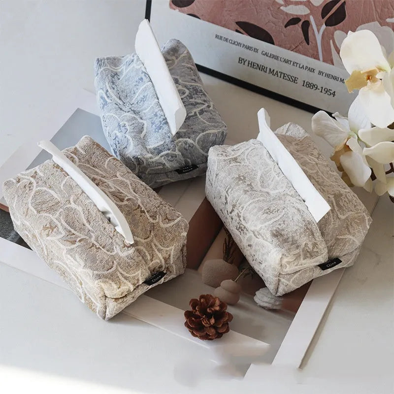 Chinese pastoral style cotton fabric tissue box with drawer in beige rose colour on tea table