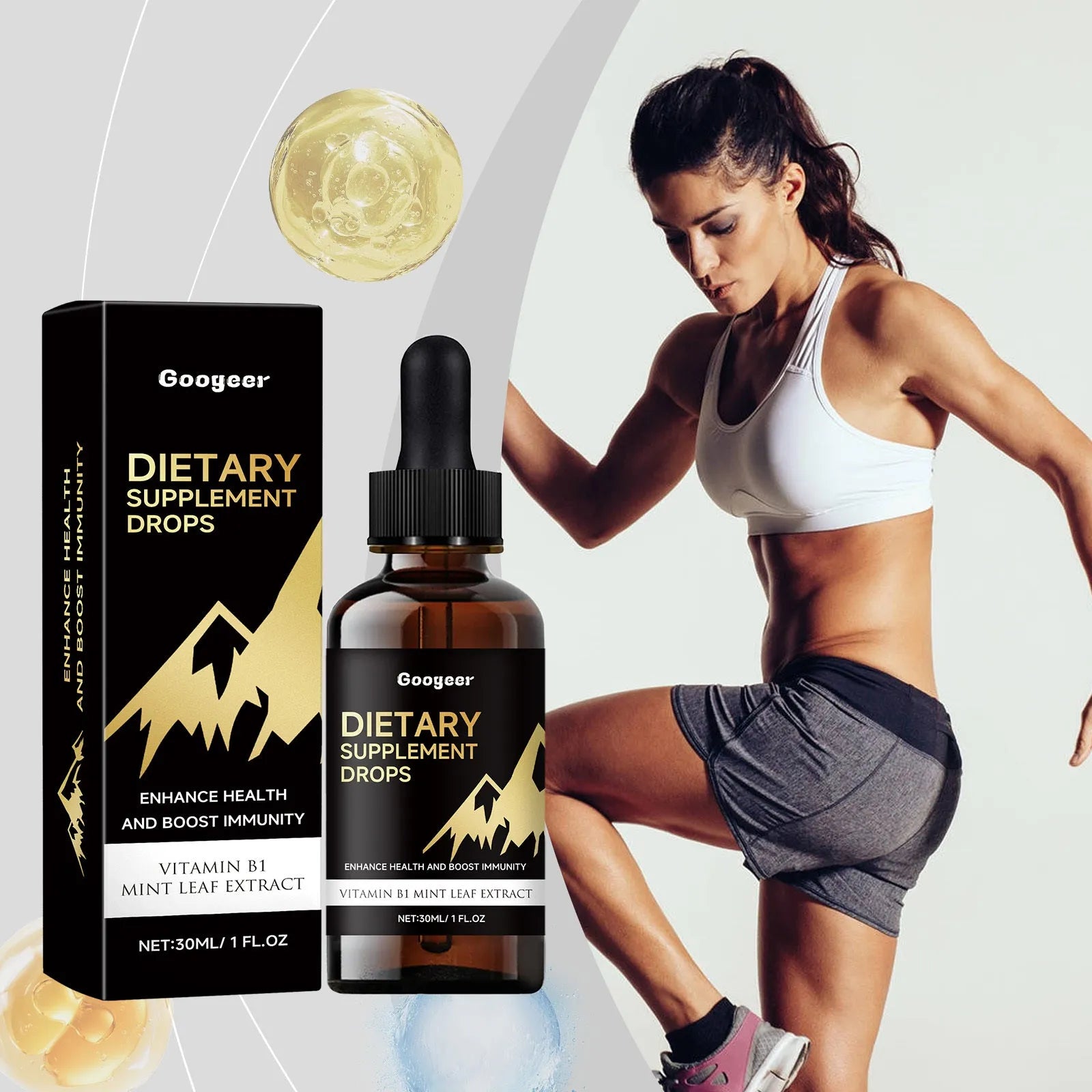 Bottle of liquid dietary supplement drops with dropper against plain background
