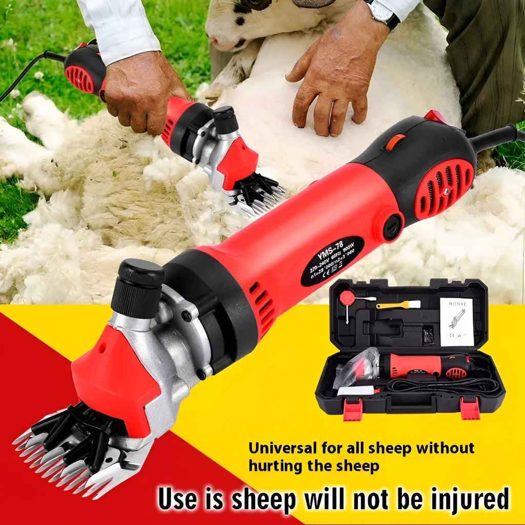 Yellow electric wool shearing machine with 110V plug and multiple cutter sets in plastic case