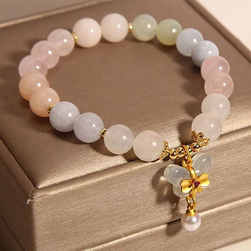 Candy colour natural morganite crystal bracelet with butterfly pendant for women