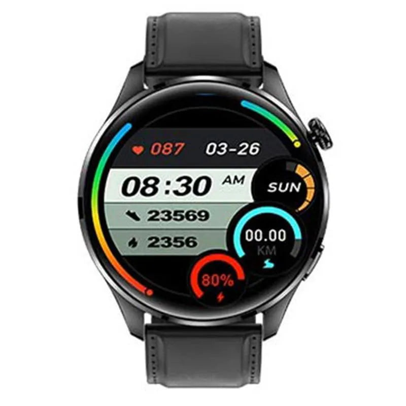 Black smartwatch with round colour touchscreen on a silicone strap, showing a watch face interface.