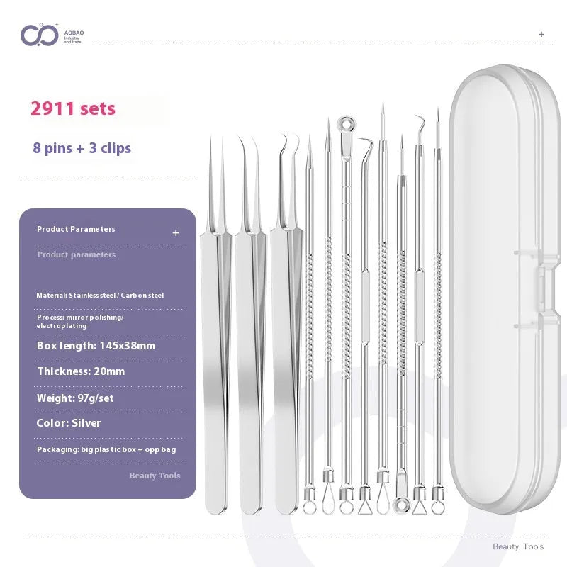 Four silver metal acne needles with fine pointed tips laid out on a surface.