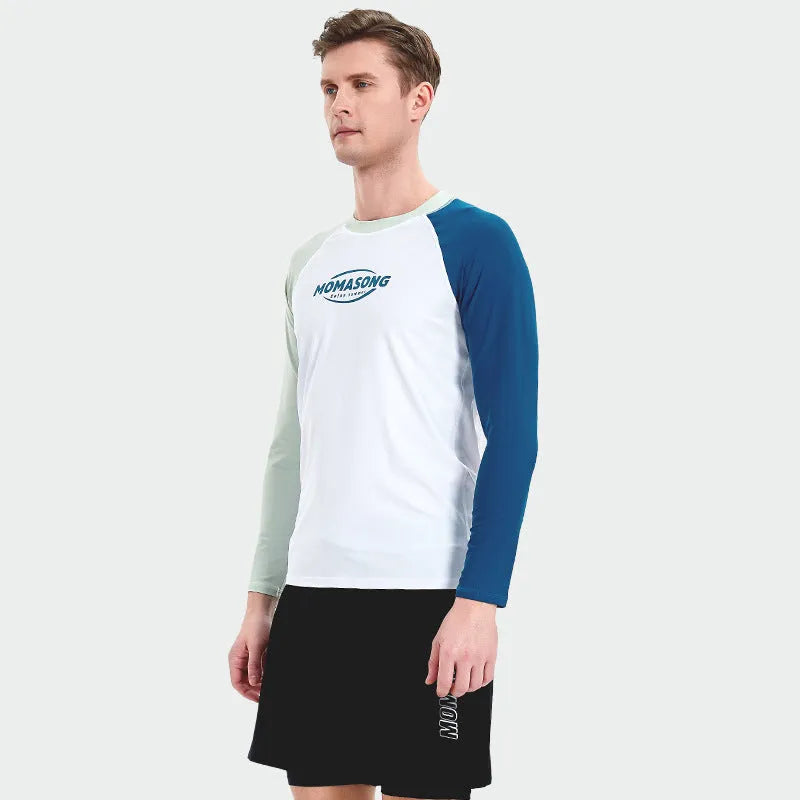 Men's white top long sleeve swimsuit with matching double layer beach swim trunks