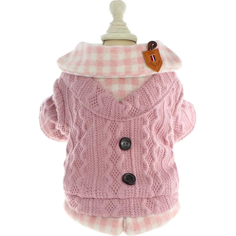 Wool plaid fake two pieces dog sweater in blue with fleece lining for small to large dogs