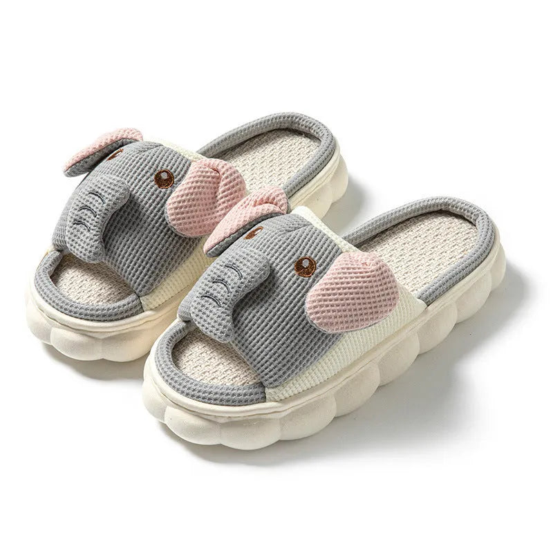 Elephant gray linen open toe couples slippers with PVC sole and EVA midsole on a neutral background