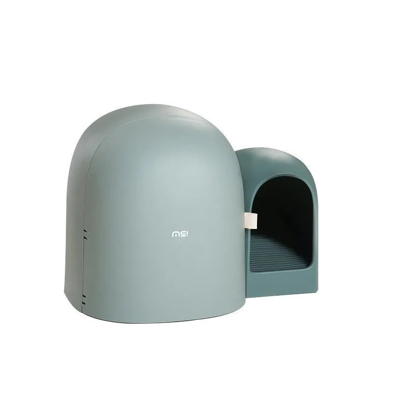 Oversized enclosed cat litter box in moss green colour with dimensions 67.7cm by 49cm