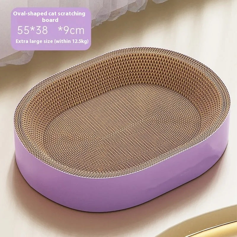 Green oval corrugated paper cat scratch board with integrated nest, 55cm diameter.