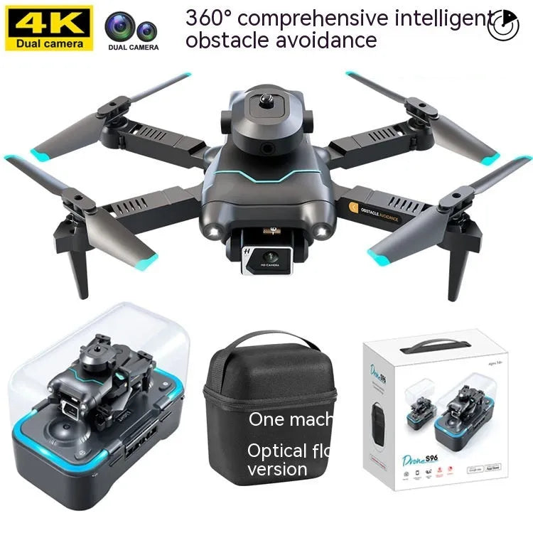 S96-black mini drone with 4K single camera on a table showing plastic four-axis design and compact size