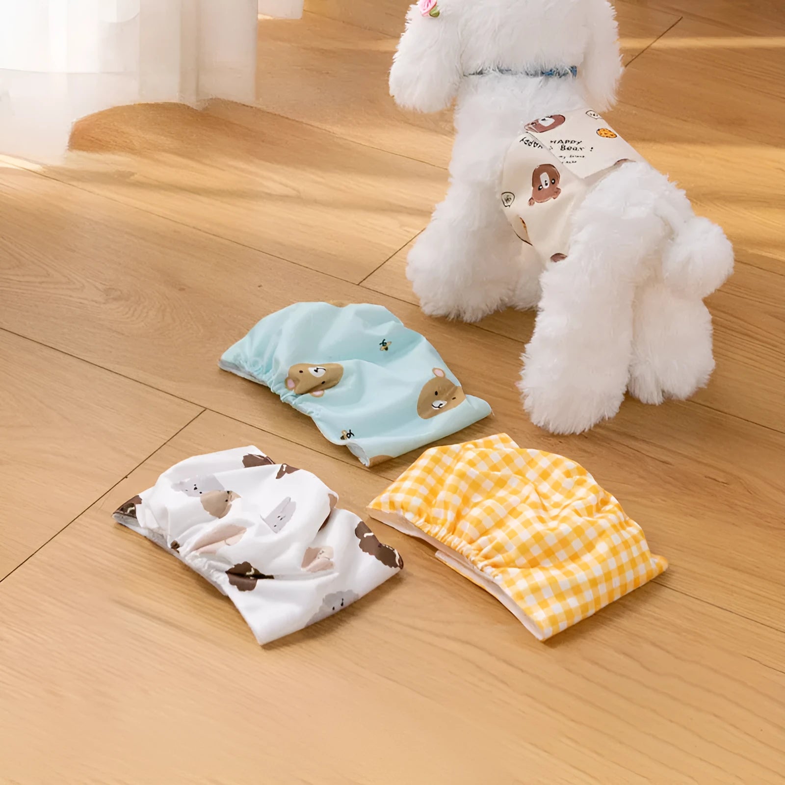 Reusable dog sanitary pant in cartoon print with fastener tape and elastic waistband for male dogs
