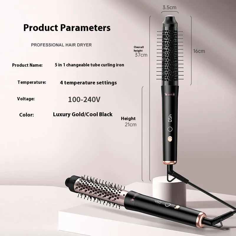 Automatic hair curler in rose gold colour with three headbands on white background