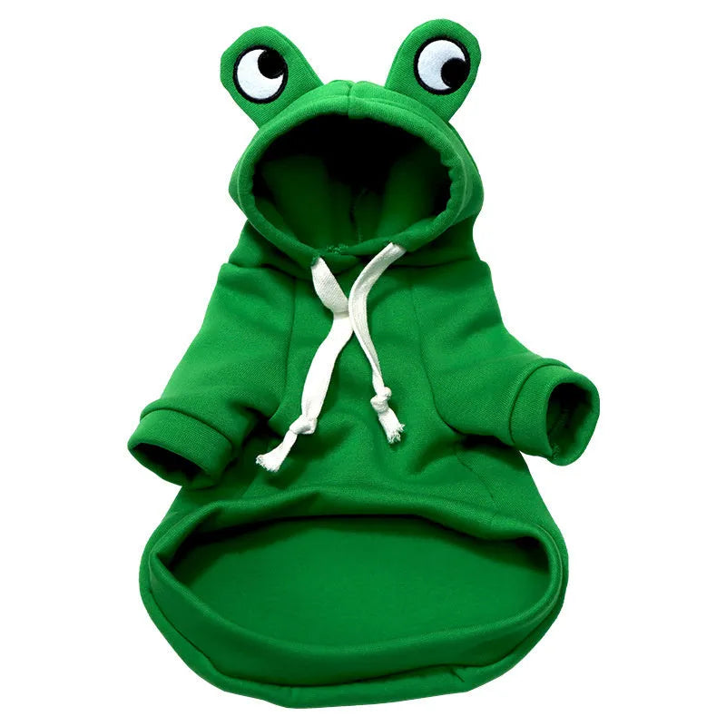 Green frog costume pet hoodie for small dogs and cats with soft fleece fabric in autumn setting