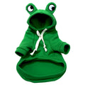 Green frog costume pet hoodie for small dogs and cats with soft fleece fabric in autumn setting