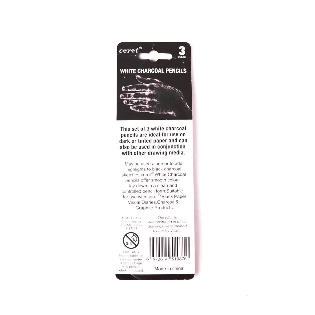 White charcoal pencil highlighting pen with wooden shell showing three pencils in packaging